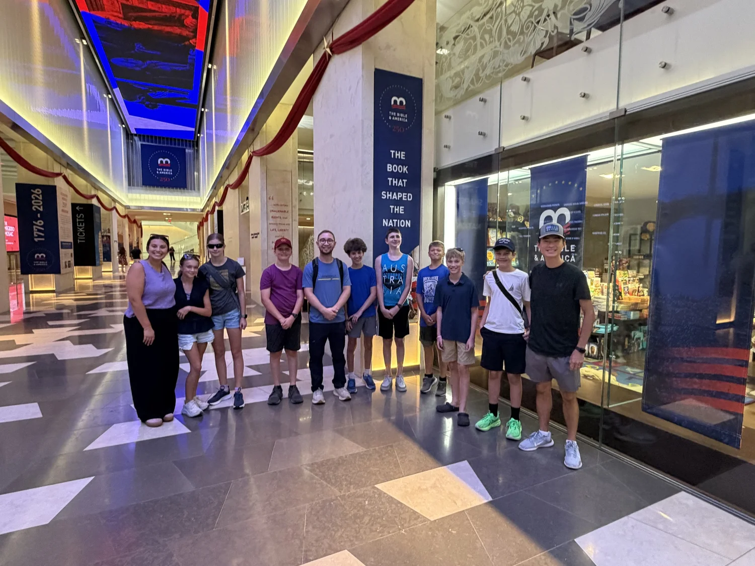 Youth group standing together on a trip to the Museum of the Bible in Washington, DC